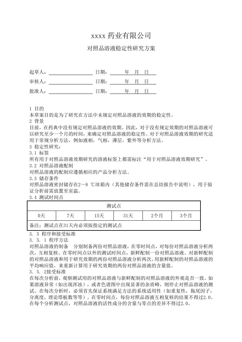 对照品溶液稳定性研究方案与报告