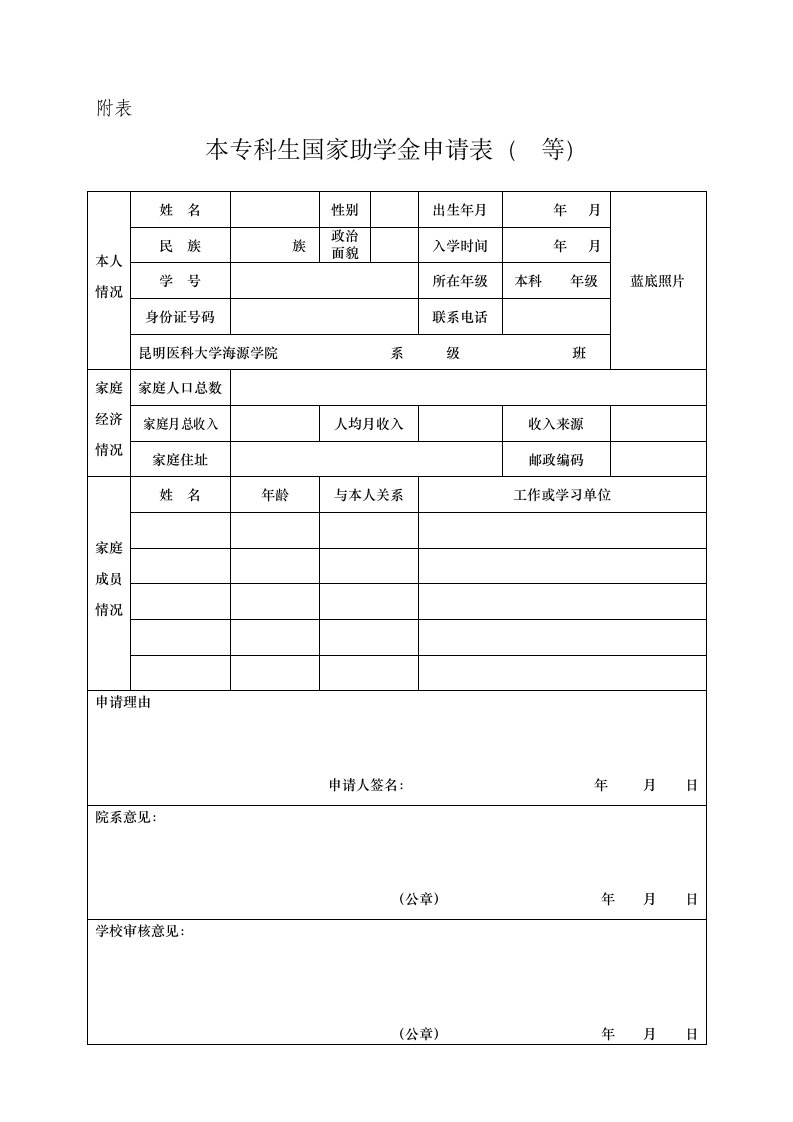 本专科生国家助学金申请表