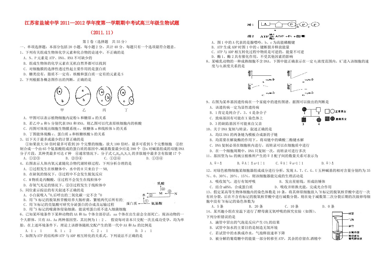 江苏省盐城中学2012届高三生物上学期期中考试