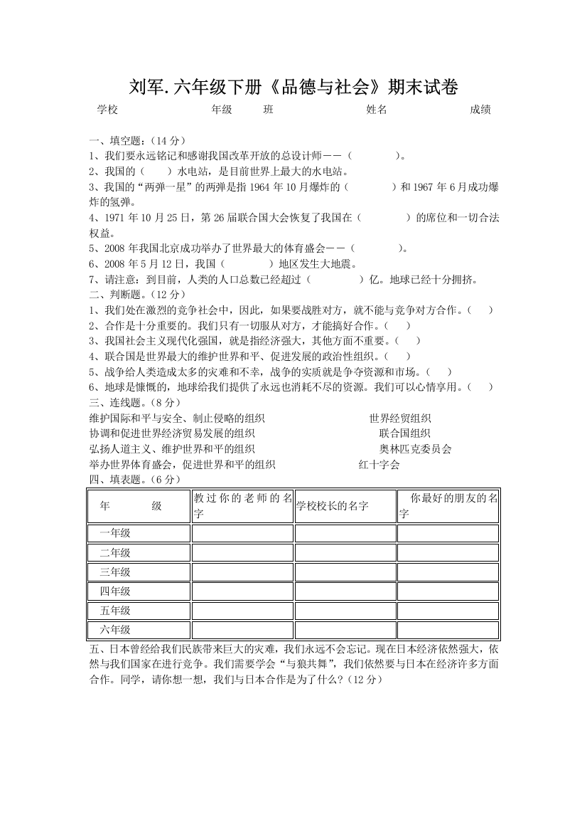 刘军六年级下册《品德与社会》期末试卷