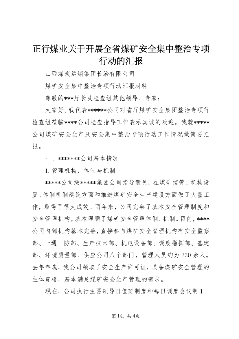 正行煤业关于开展全省煤矿安全集中整治专项行动的汇报