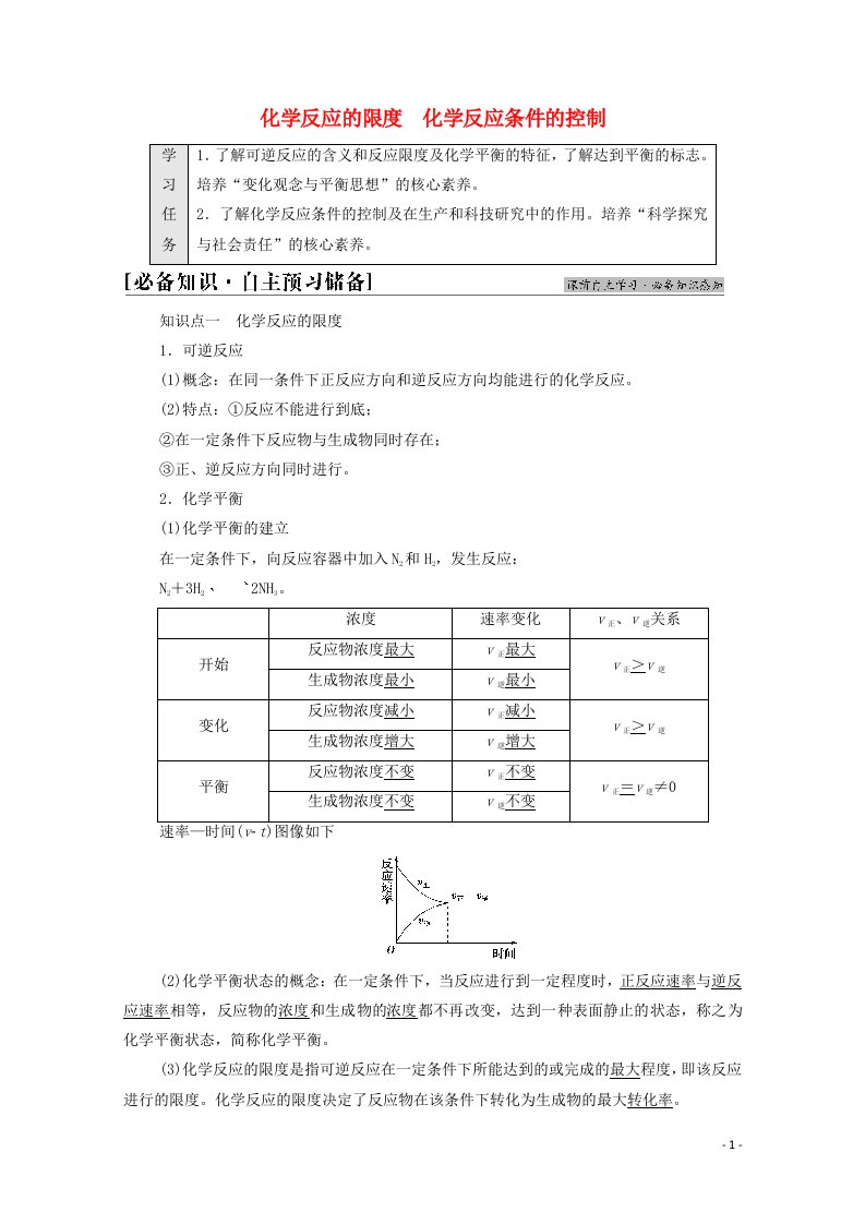 2021_2022学年新教材高中化学第6章化学反应与能量第2节基次时10化学反应的限度化学反应条件的控制学案新人教版必修第二册