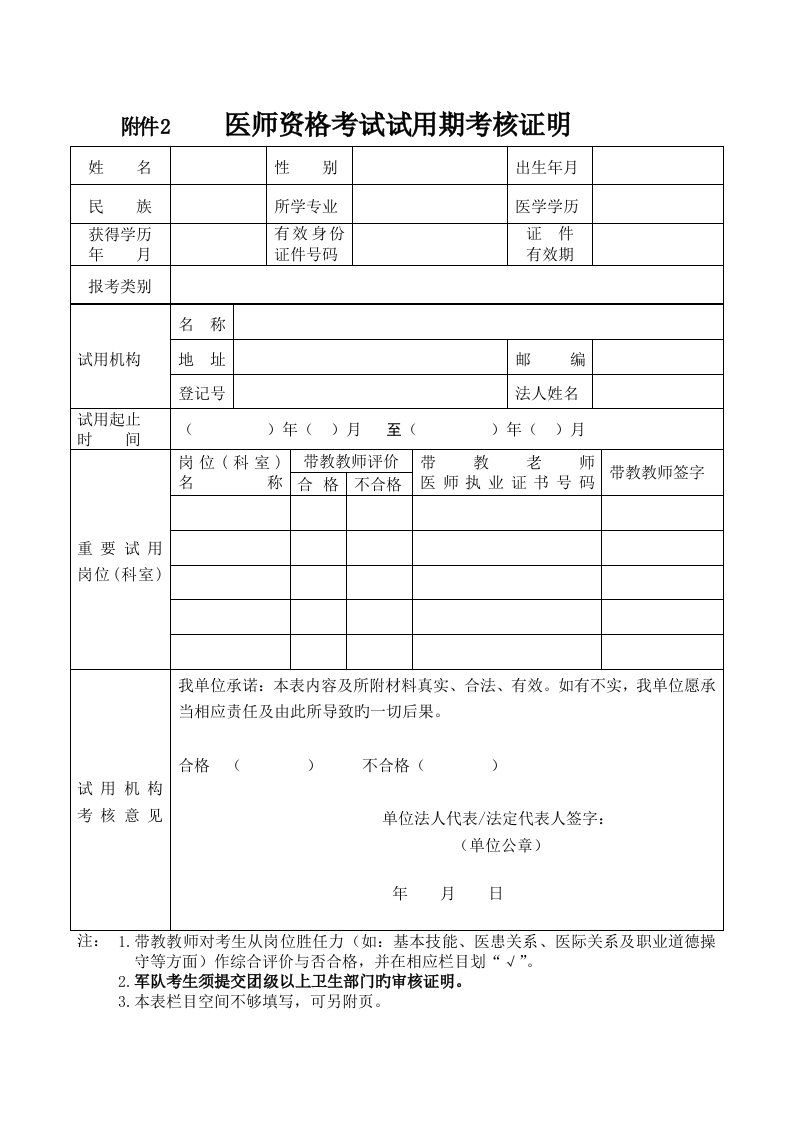 2022年医师资格考试试用期考核证明