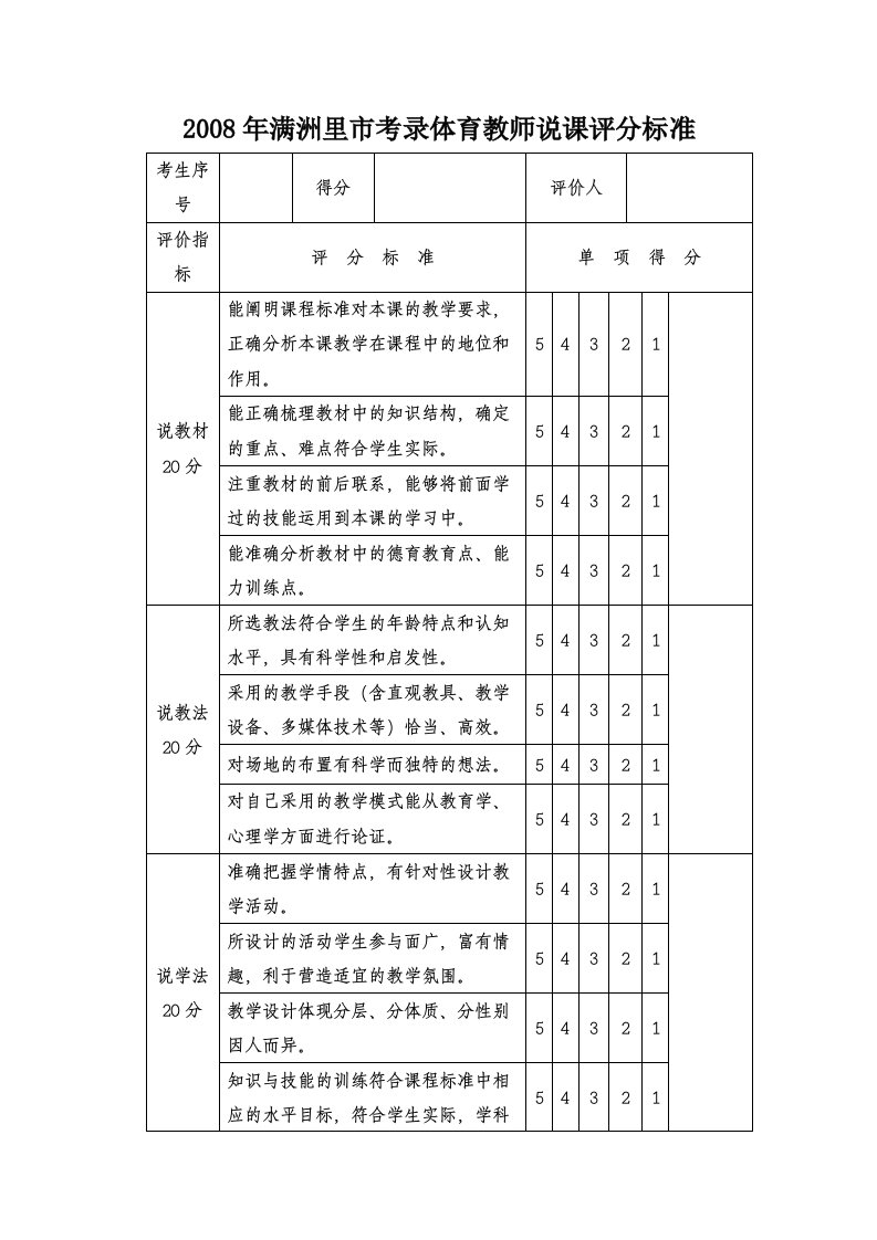 体育教师说课评分标准