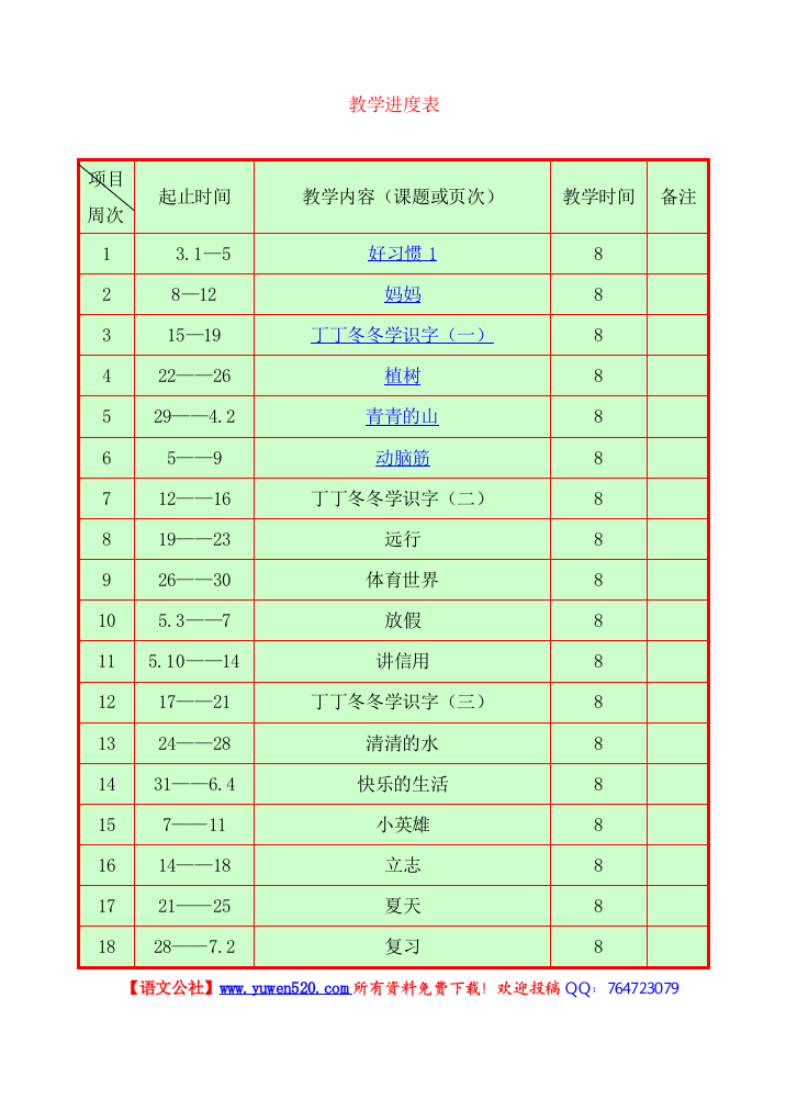 【人教版】二年级下册语文全册教案(含教学进度表)