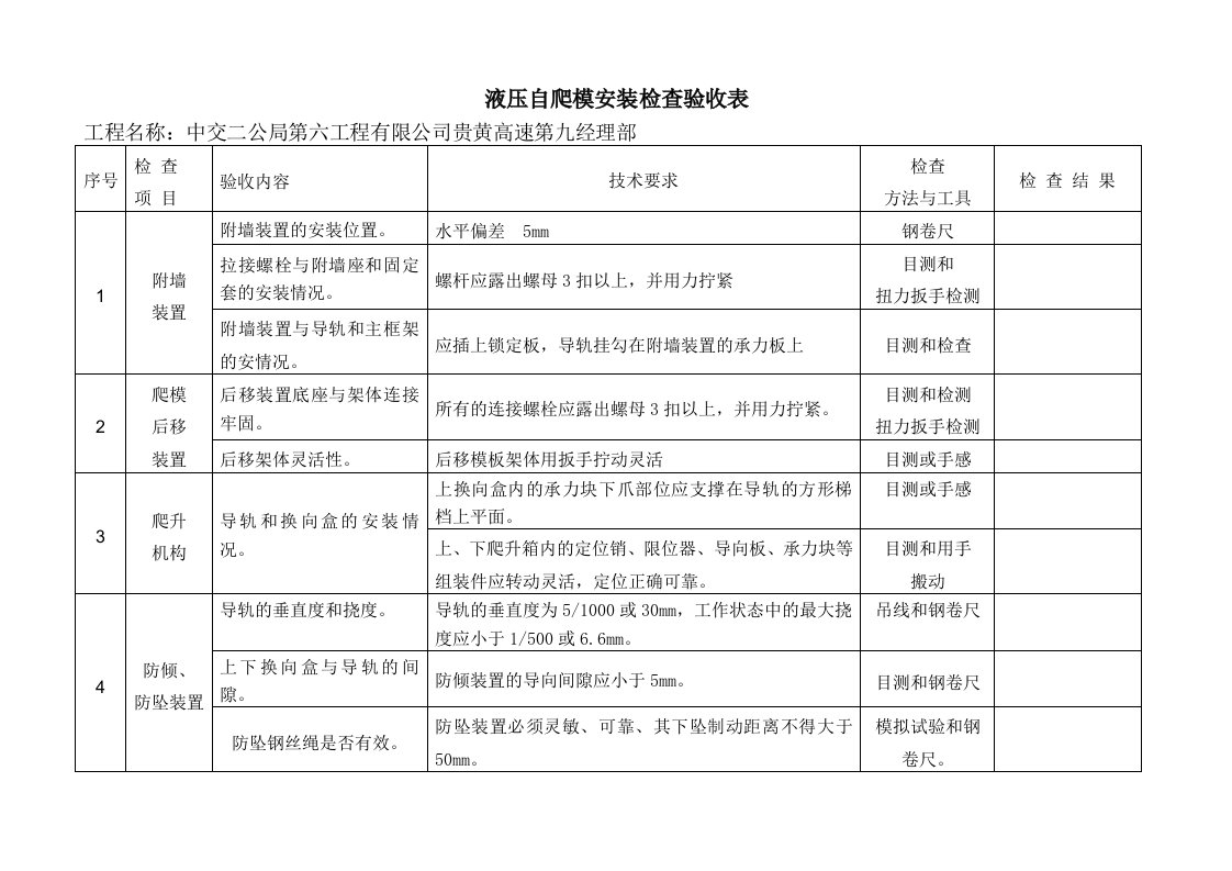 液压爬模验收表