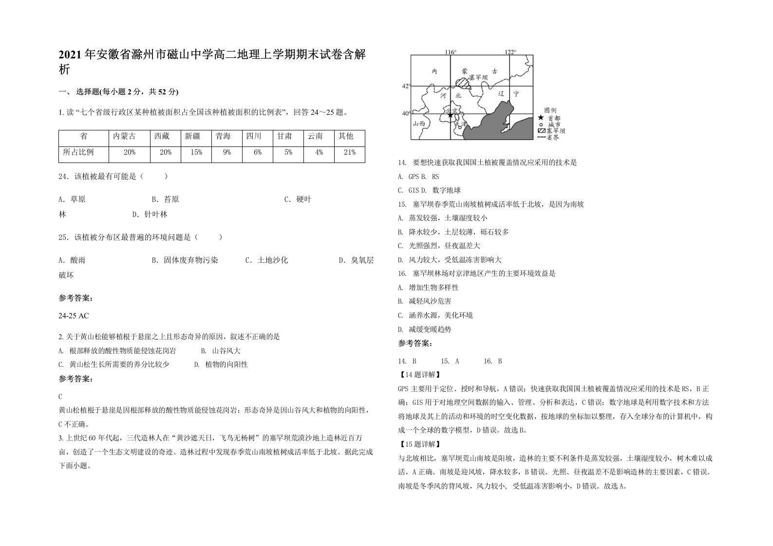 2021年安徽省滁州市磁山中学高二地理上学期期末试卷含解析