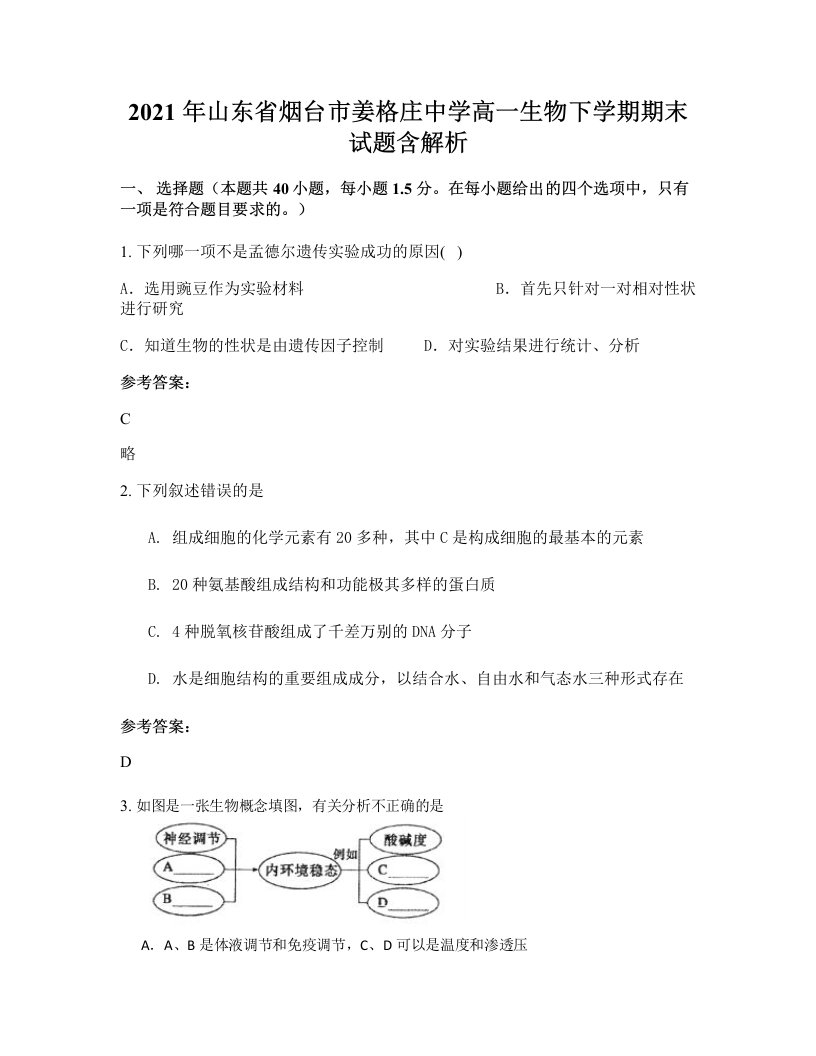 2021年山东省烟台市姜格庄中学高一生物下学期期末试题含解析