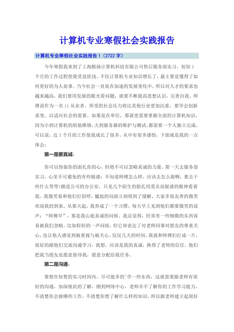 计算机专业寒假社会实践报告