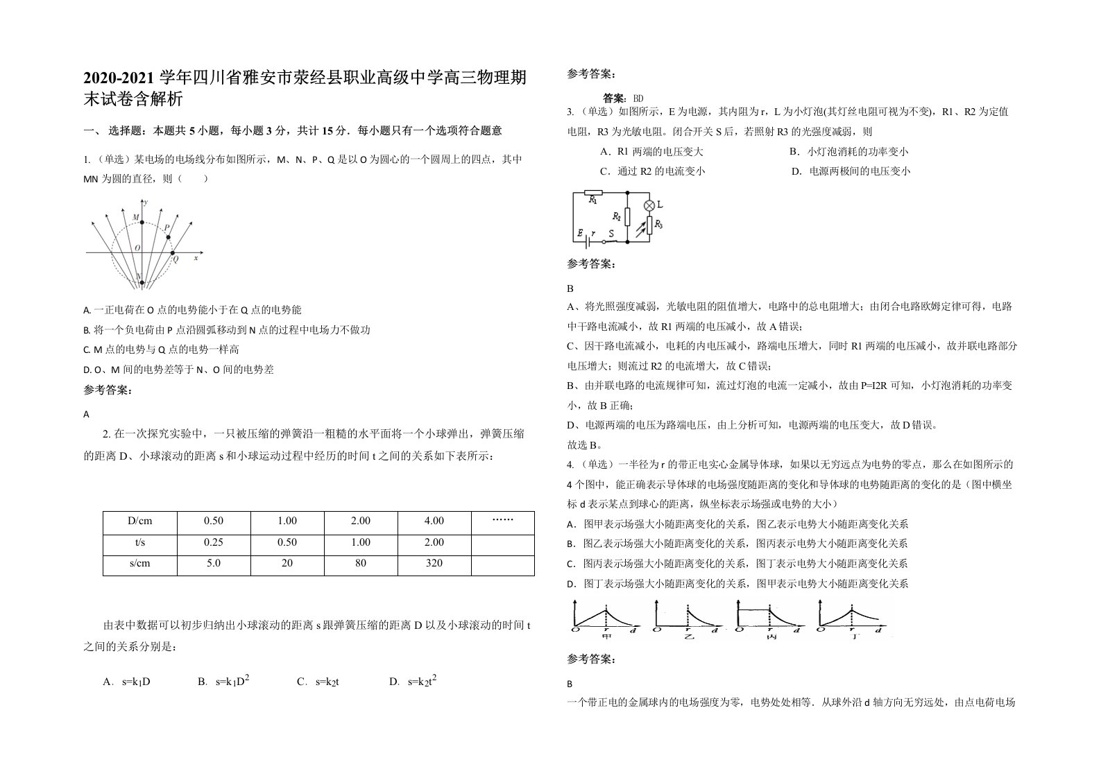 2020-2021学年四川省雅安市荥经县职业高级中学高三物理期末试卷含解析