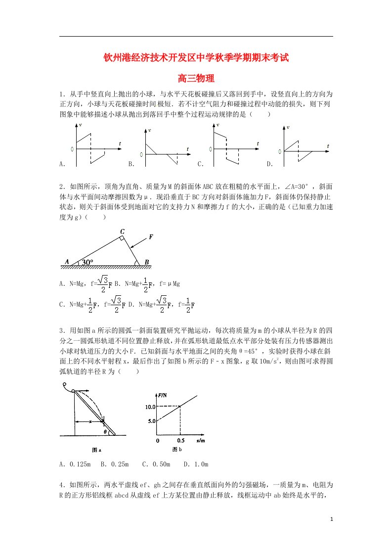 广西钦州市钦州港经济技术开发区中学高三物理上学期期末考试试题