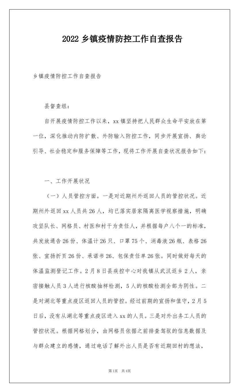 2022乡镇疫情防控工作自查报告