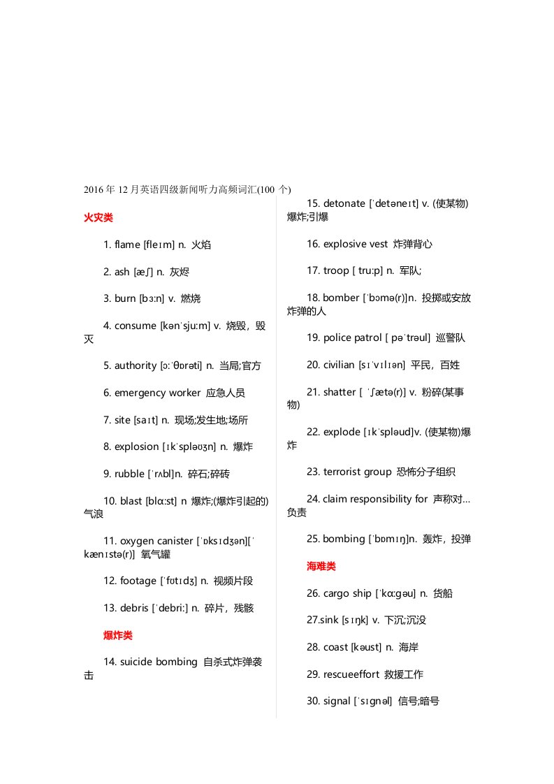 最新英语四级新闻听力高频词汇(100个)