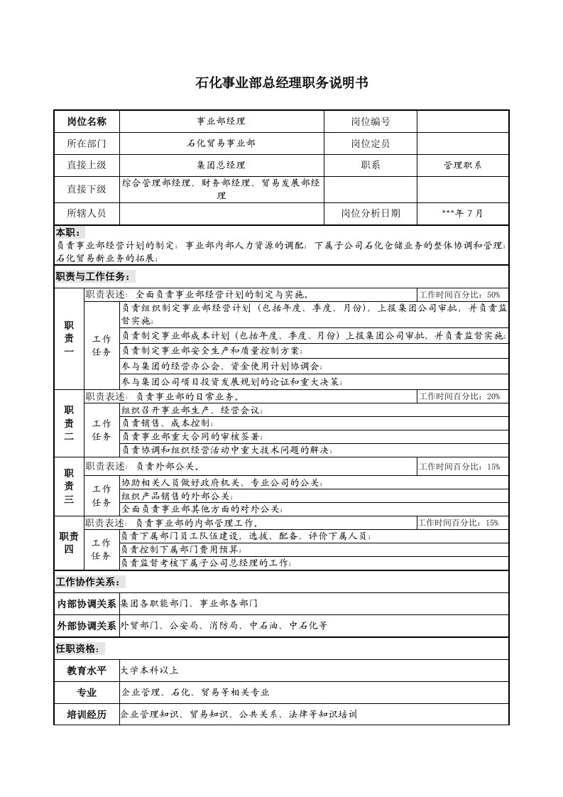 岗位职责-石化事业部总经理职务说明书