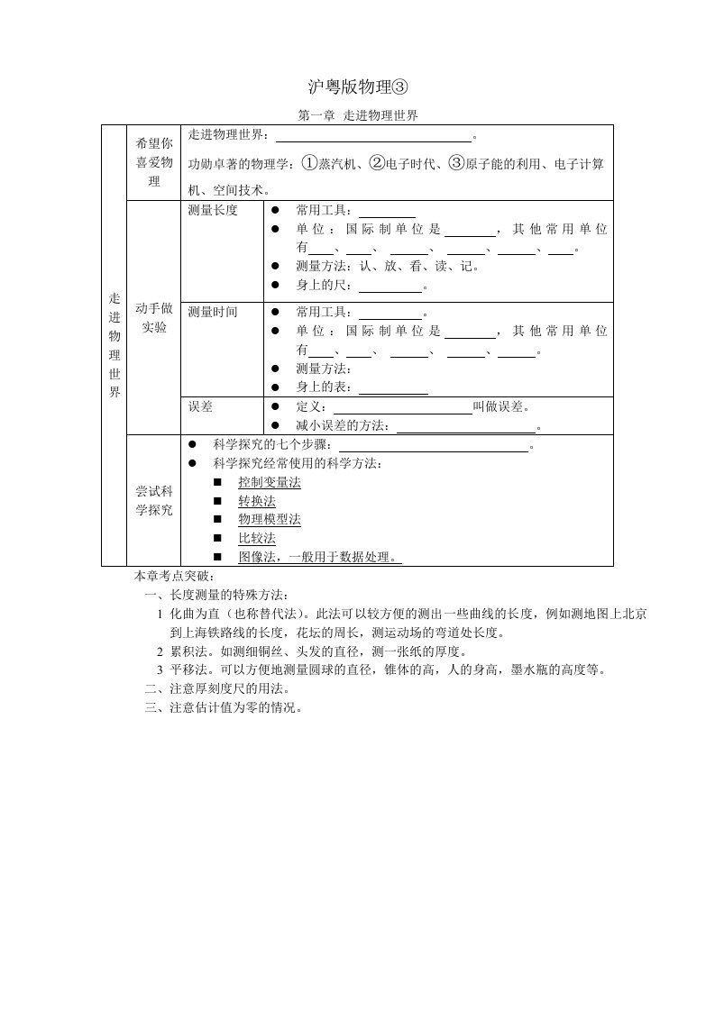 中考物理复习全册知识点记忆沪粤版