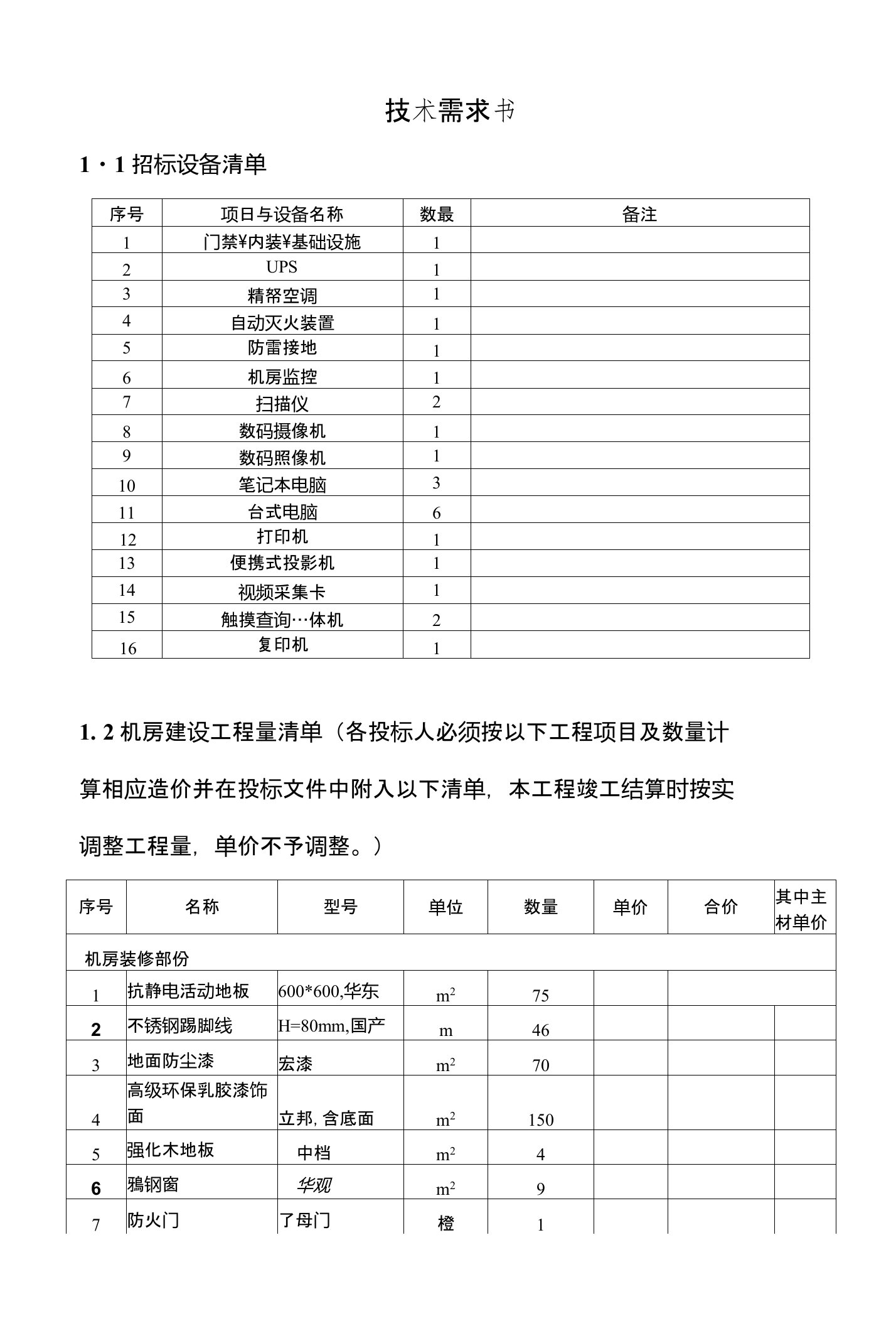 机房建设技术需求书