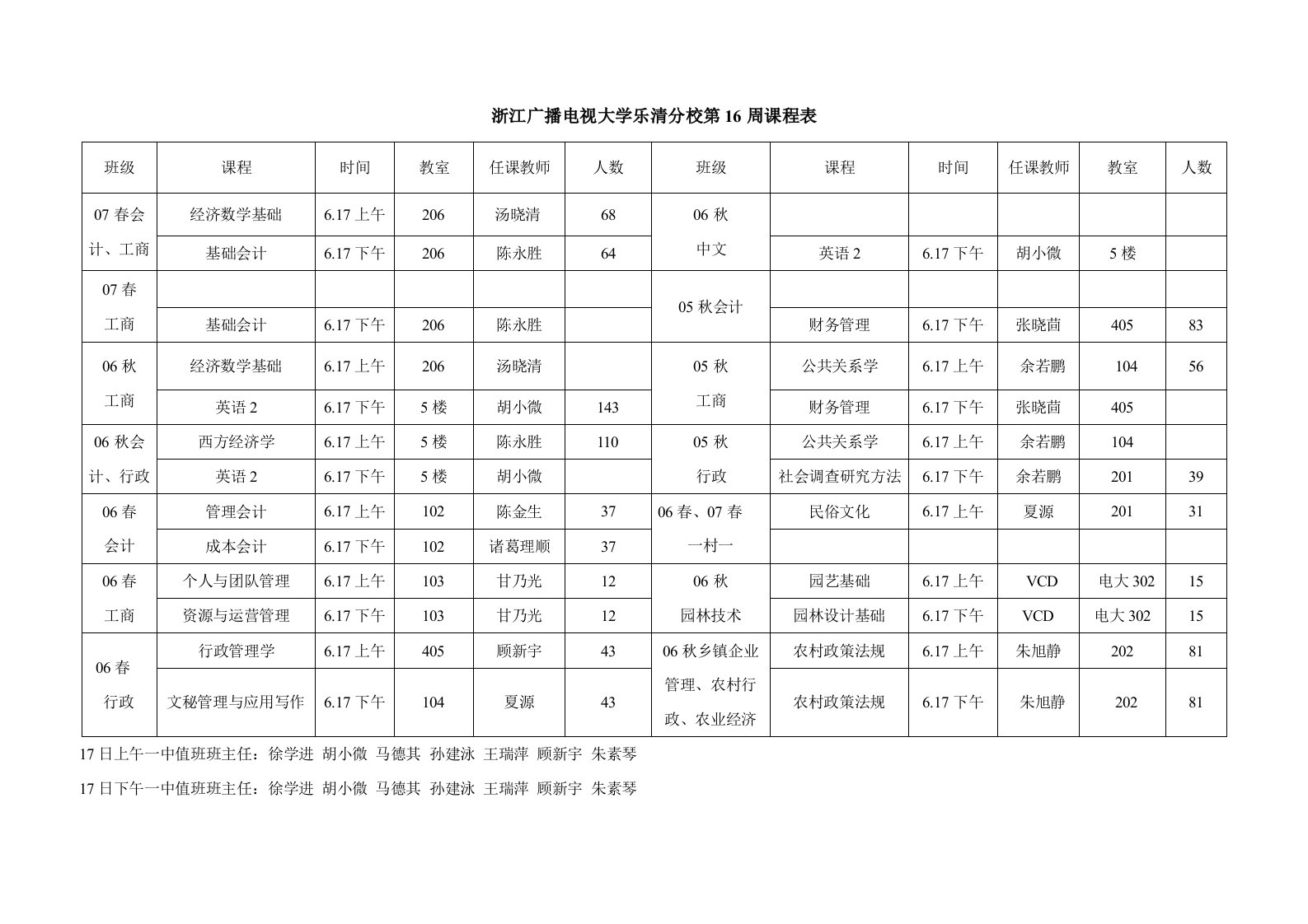 《浙江广播电视大学乐清分校第16周课程表》