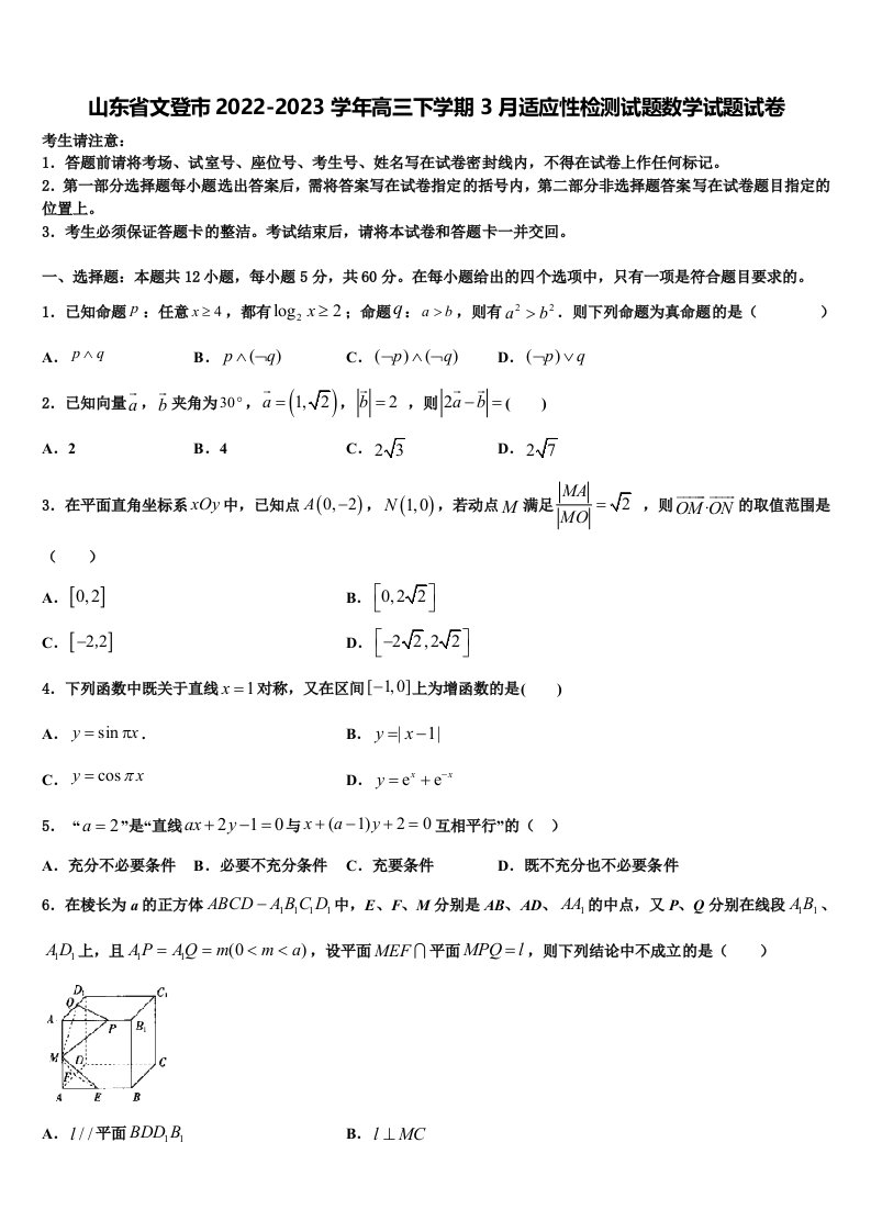 山东省文登市2022-2023学年高三下学期3月适应性检测试题数学试题试卷含解析