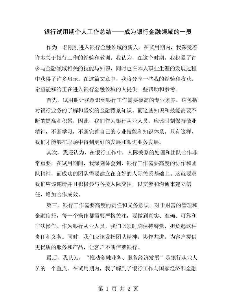 银行试用期个人工作总结——成为银行金融领域的一员