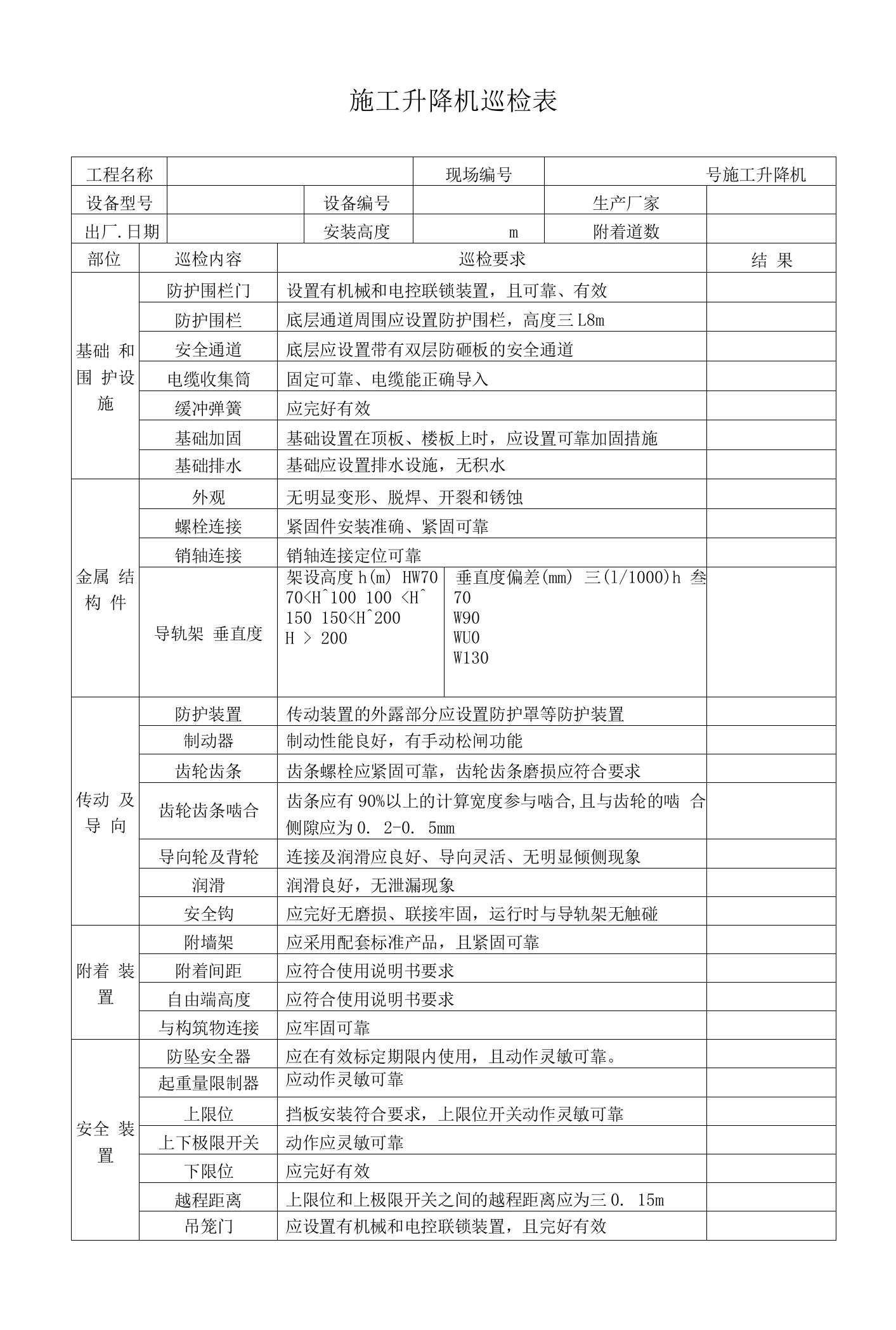 施工电梯巡检表