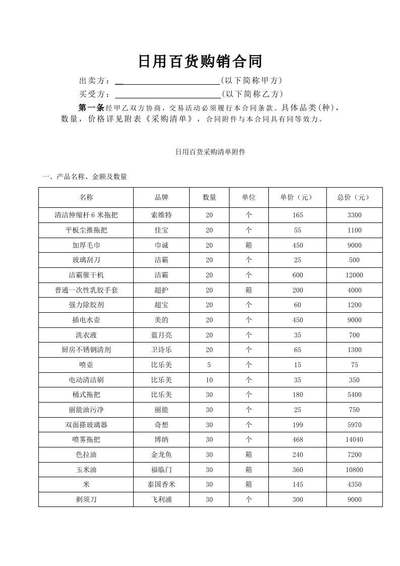 日用百货购销合同