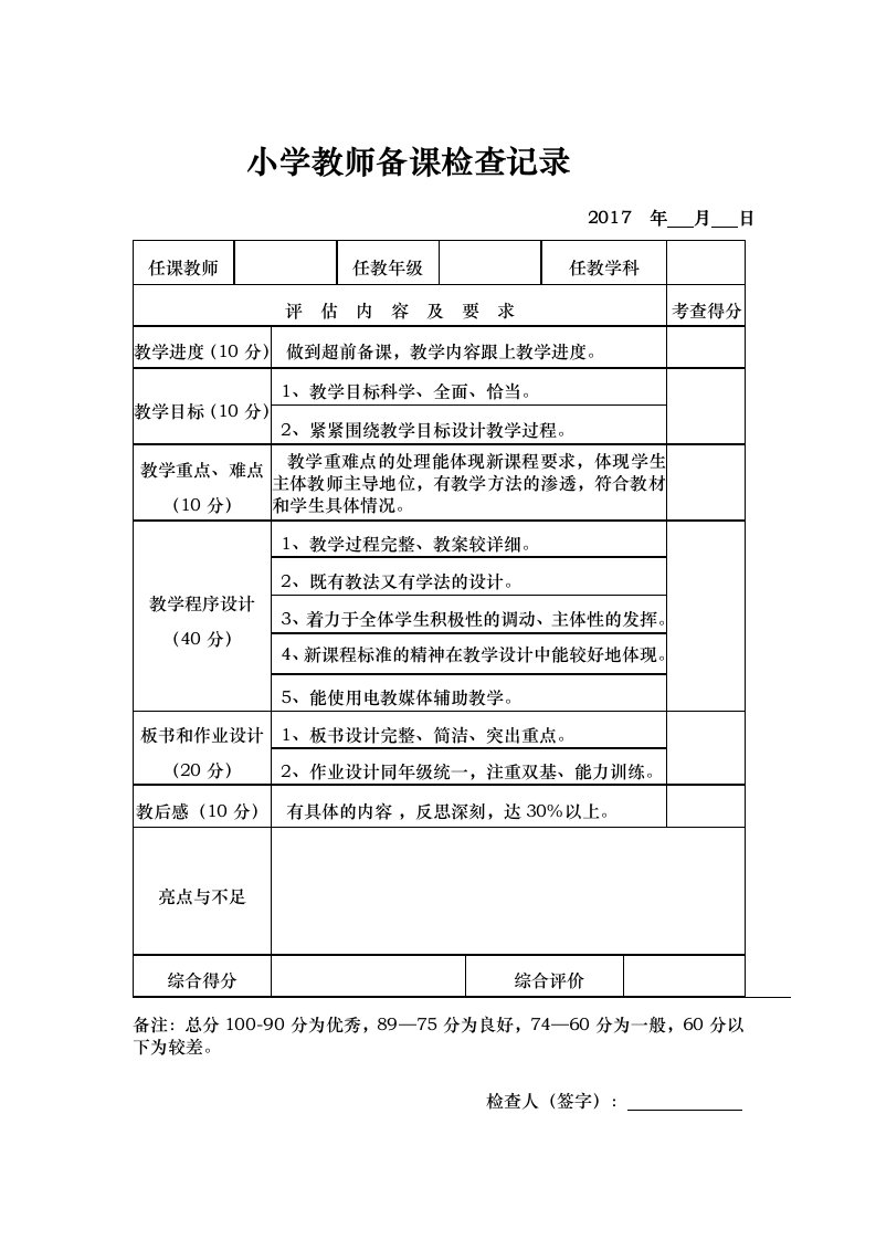 教师备课作业检查记录表