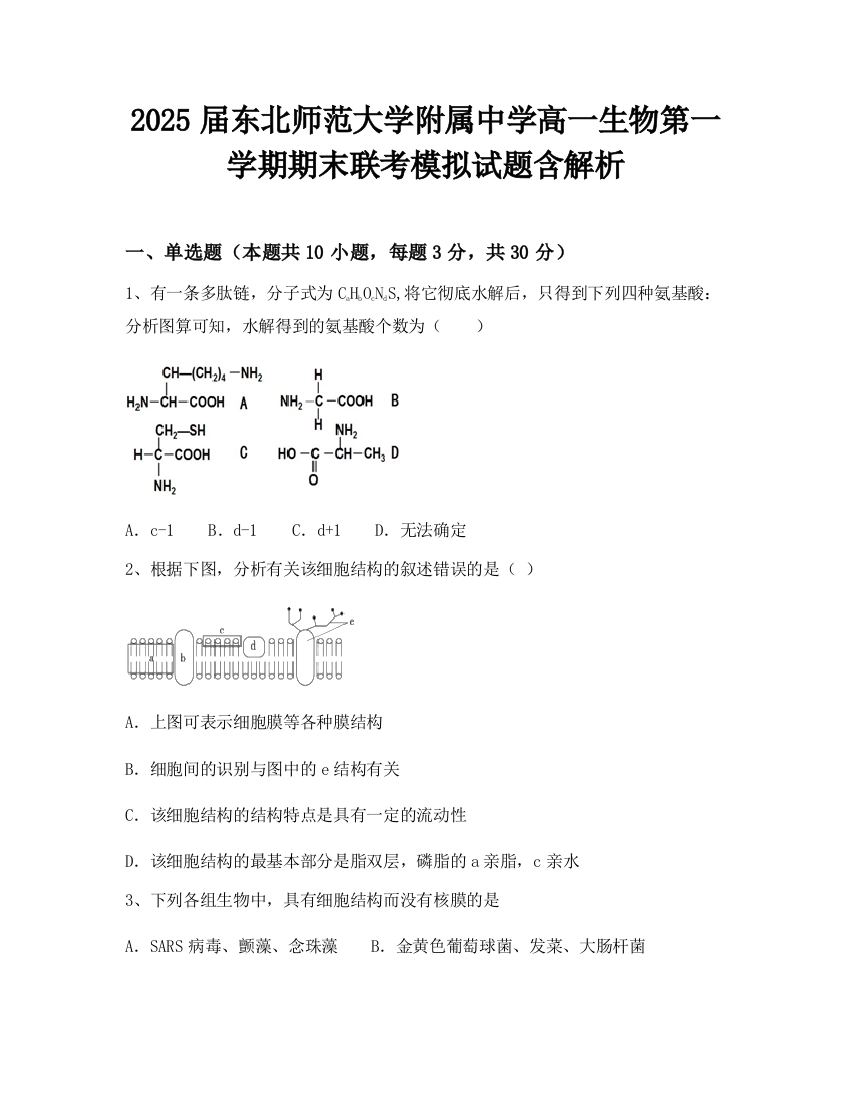 2025届东北师范大学附属中学高一生物第一学期期末联考模拟试题含解析