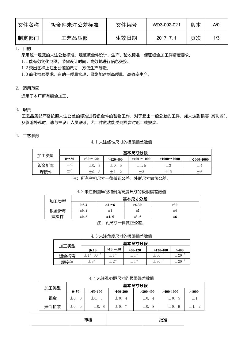 钣金件未注公差标准