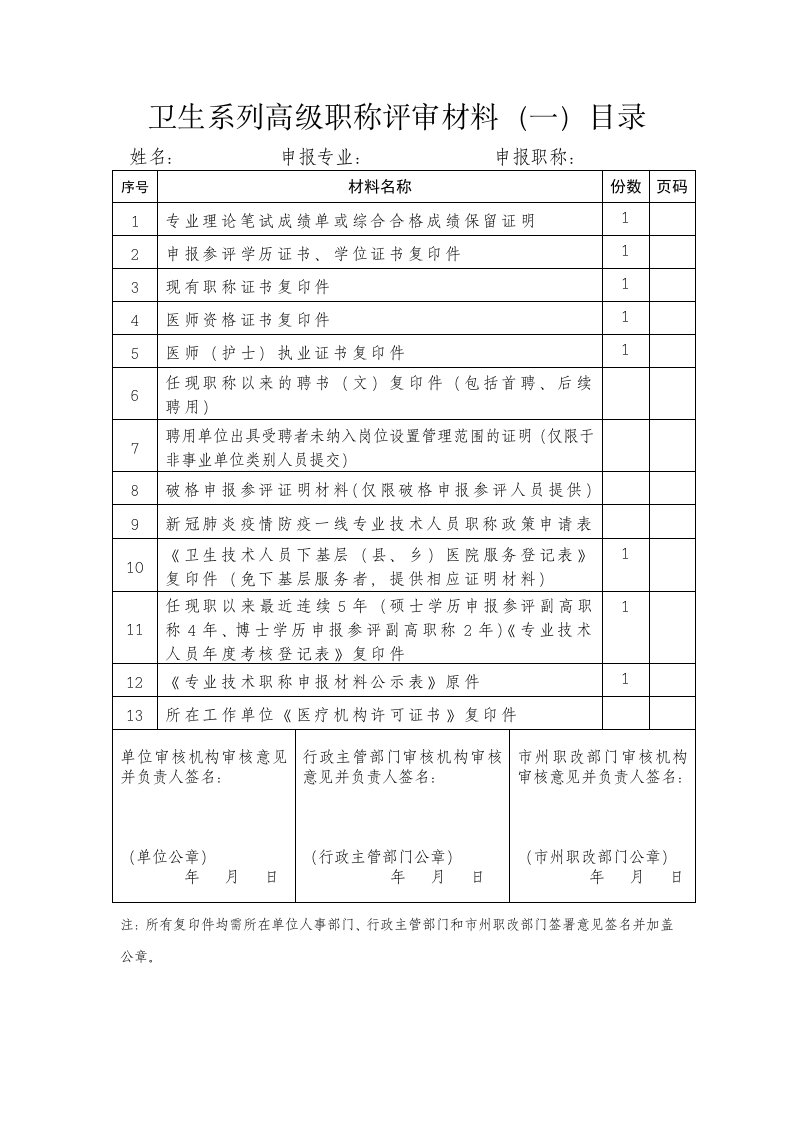 卫生系列高级职称评审材料一目录