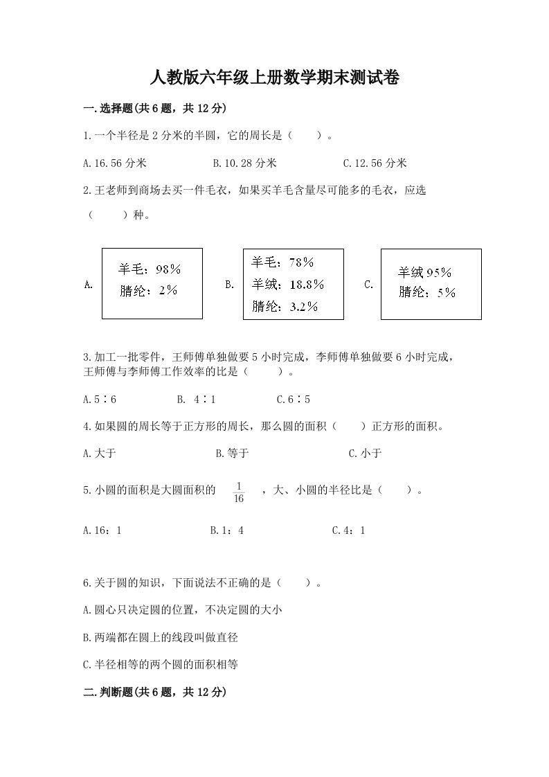 人教版六年级上册数学期末测试卷附完整答案（历年真题）