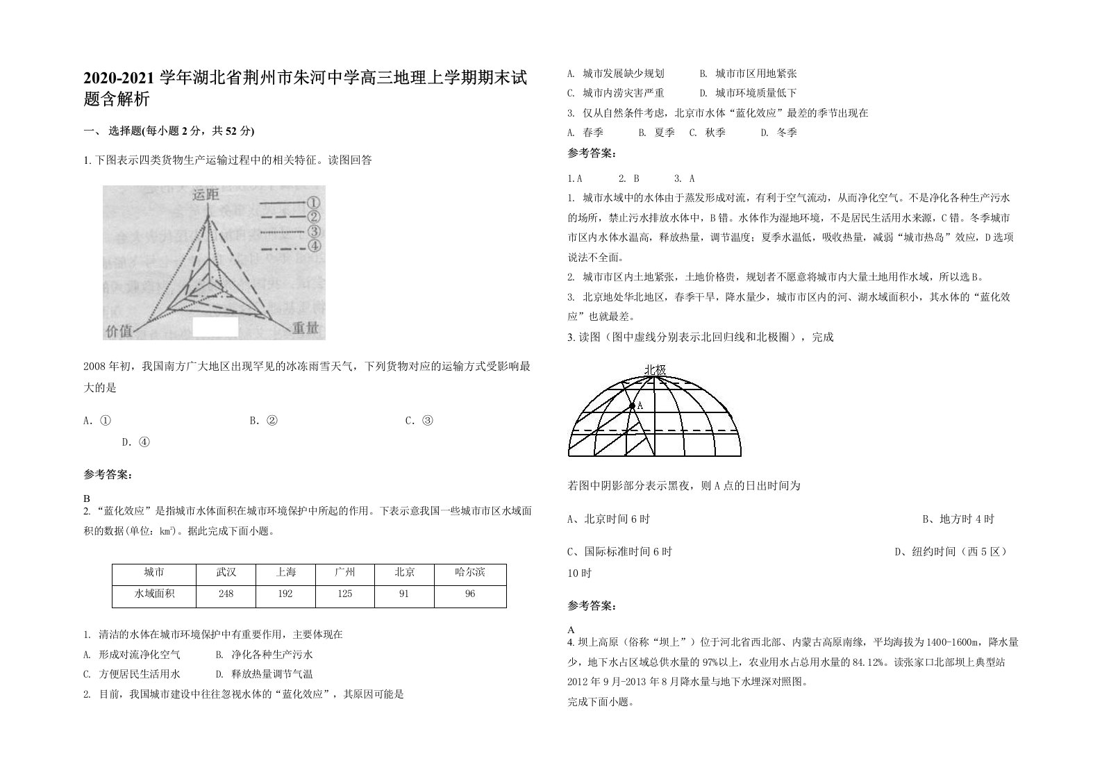 2020-2021学年湖北省荆州市朱河中学高三地理上学期期末试题含解析