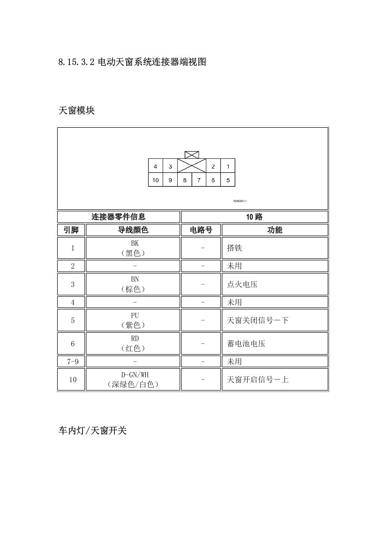 别克凯越电动天窗系统连接器端视图