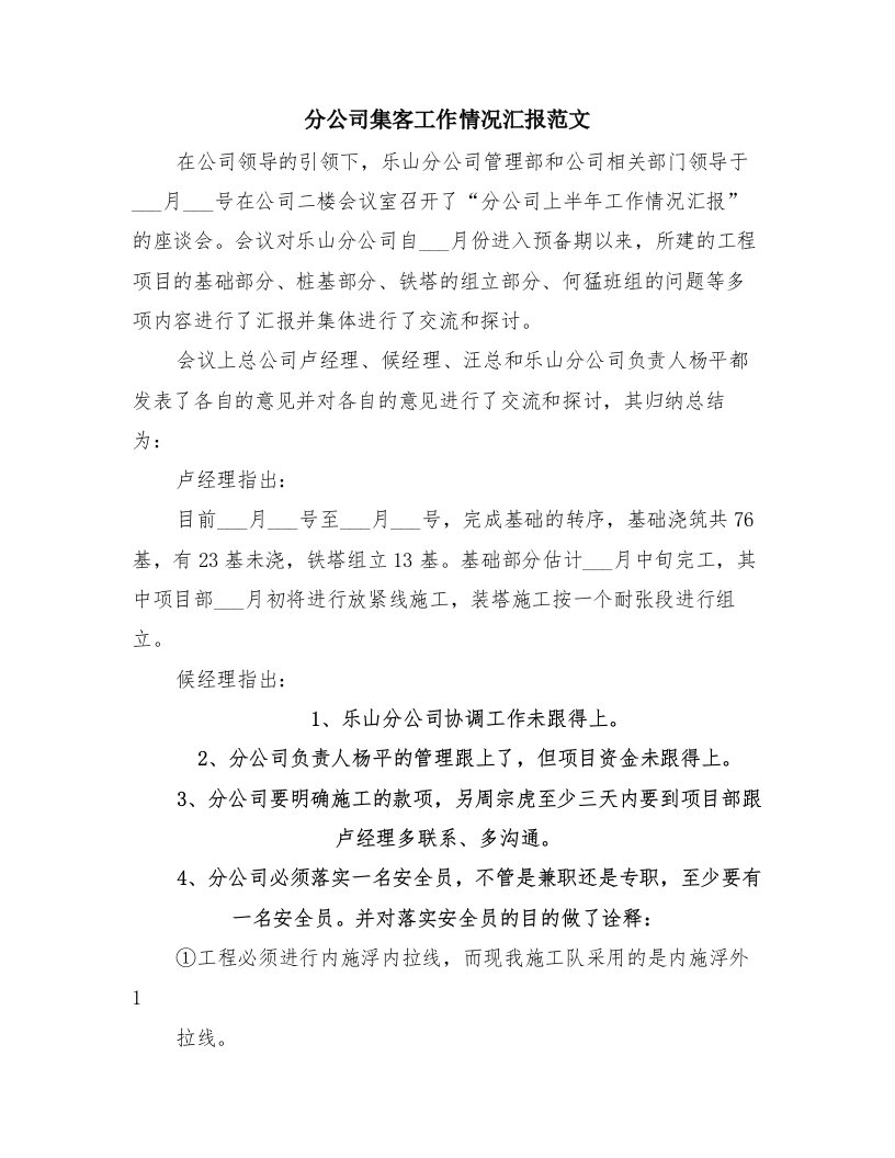 分公司集客工作情况汇报范文