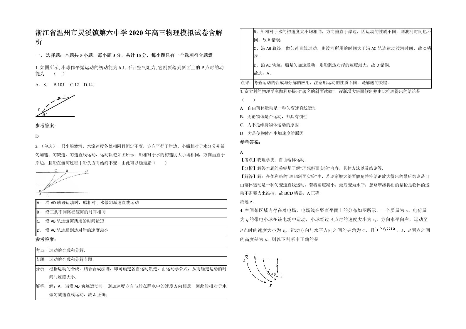 浙江省温州市灵溪镇第六中学2020年高三物理模拟试卷含解析