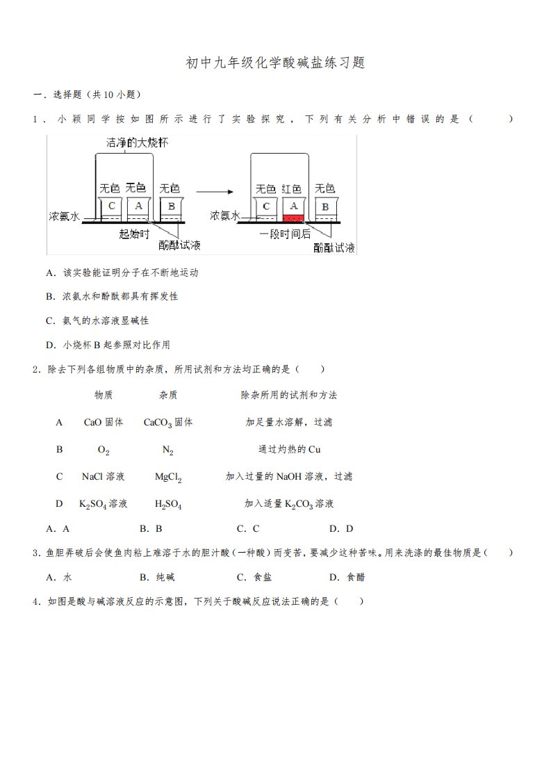 初中九年级化学酸碱盐练习题