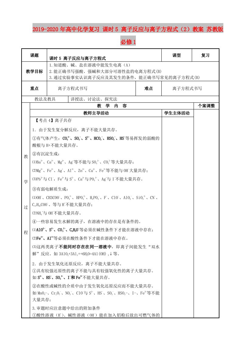 2019-2020年高中化学复习