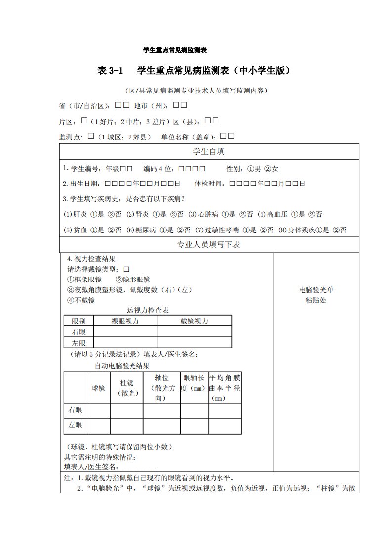 学生重点常见病监测表