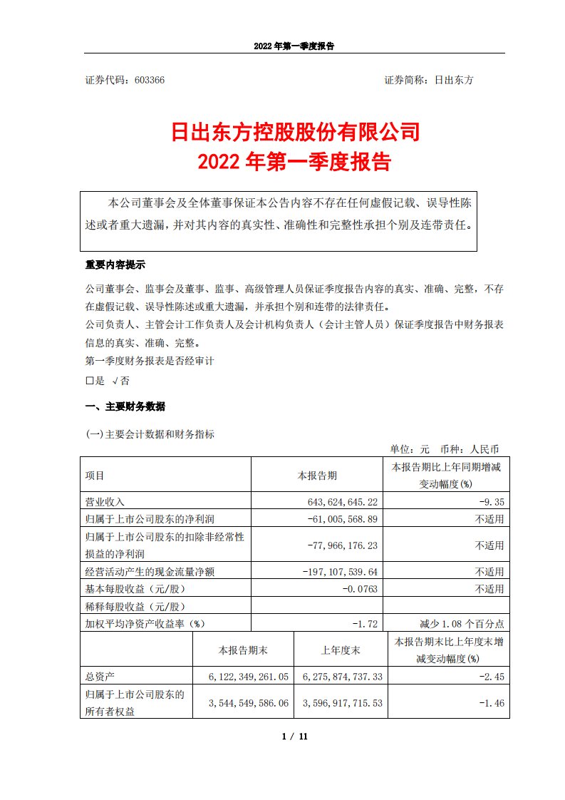 上交所-日出东方控股股份有限公司2022年第一季度报告-20220429