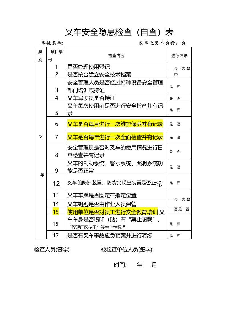 叉车自查检查表1