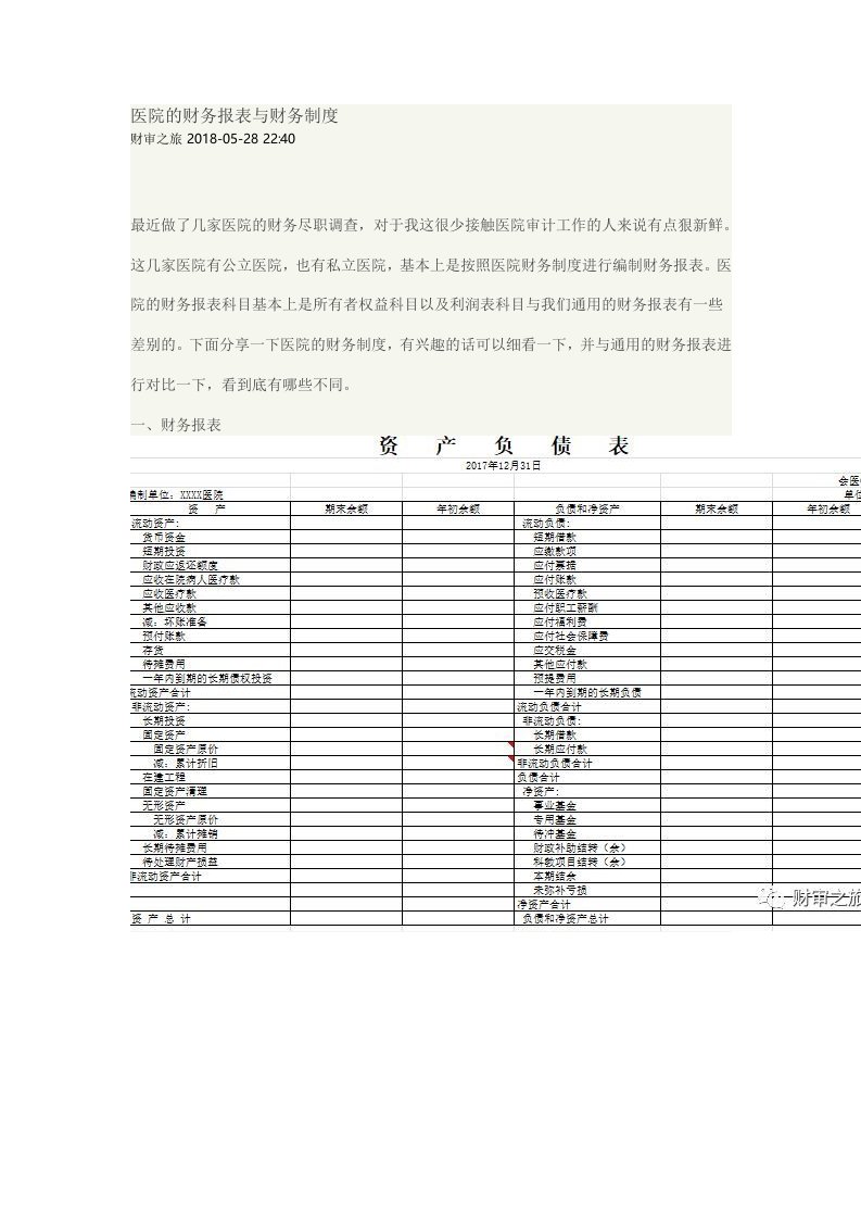 医院的财务报表与财务制度