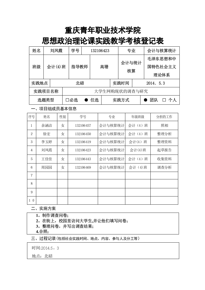 重庆青年职业技术学院思想政治理论课实践教学考核登记表