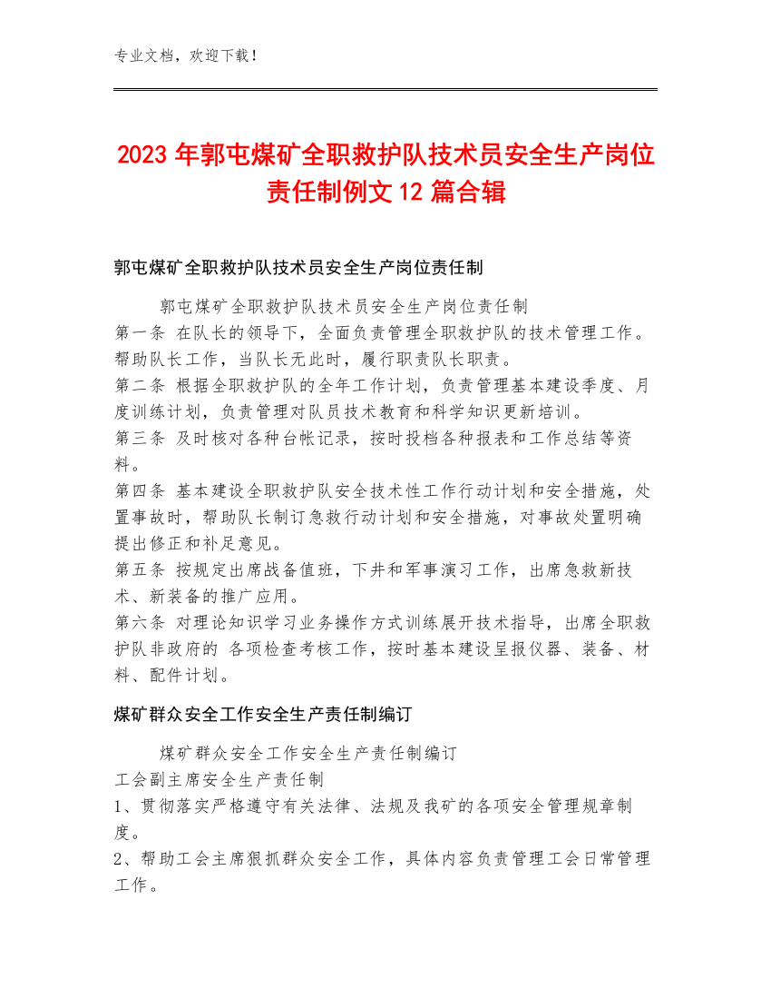 2023年郭屯煤矿全职救护队技术员安全生产岗位责任制例文12篇合辑