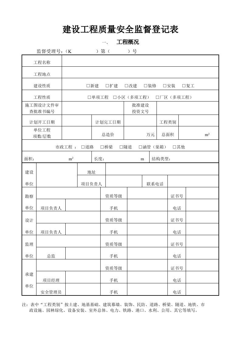 建设工程质量安全监督登记表