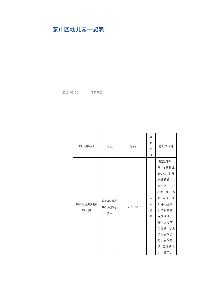 泰山区幼儿园一览表