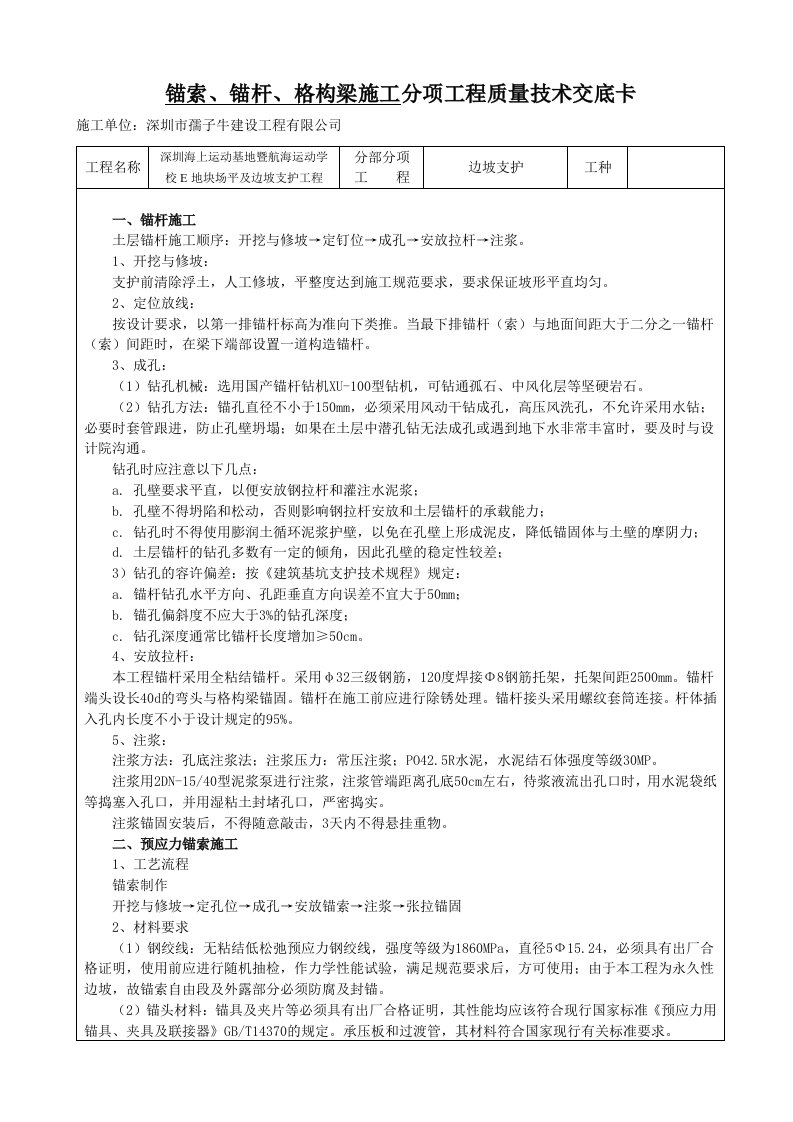 锚索、锚杆、格构梁施工分项工程质量技术交