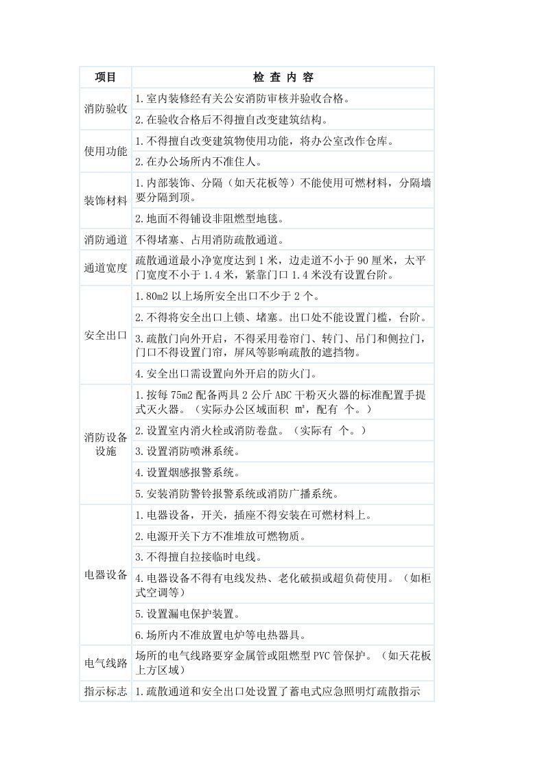 办公室环境安全检查表通用版