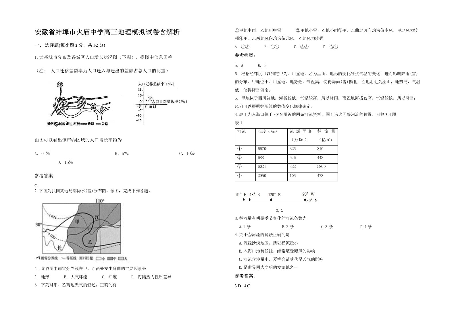 安徽省蚌埠市火庙中学高三地理模拟试卷含解析