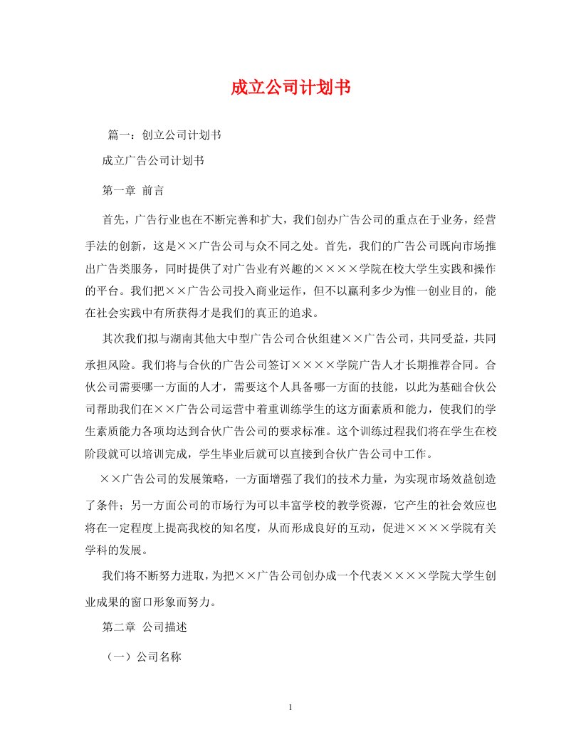 精编成立公司计划书