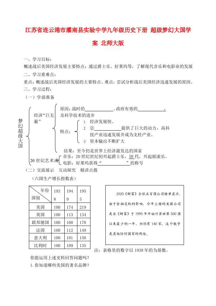 江苏省连云港市灌南县实验中学九年级历史下册超级梦幻大国学案北师大版