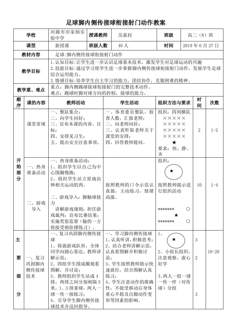 足球脚内侧传接球衔接射门动作教案